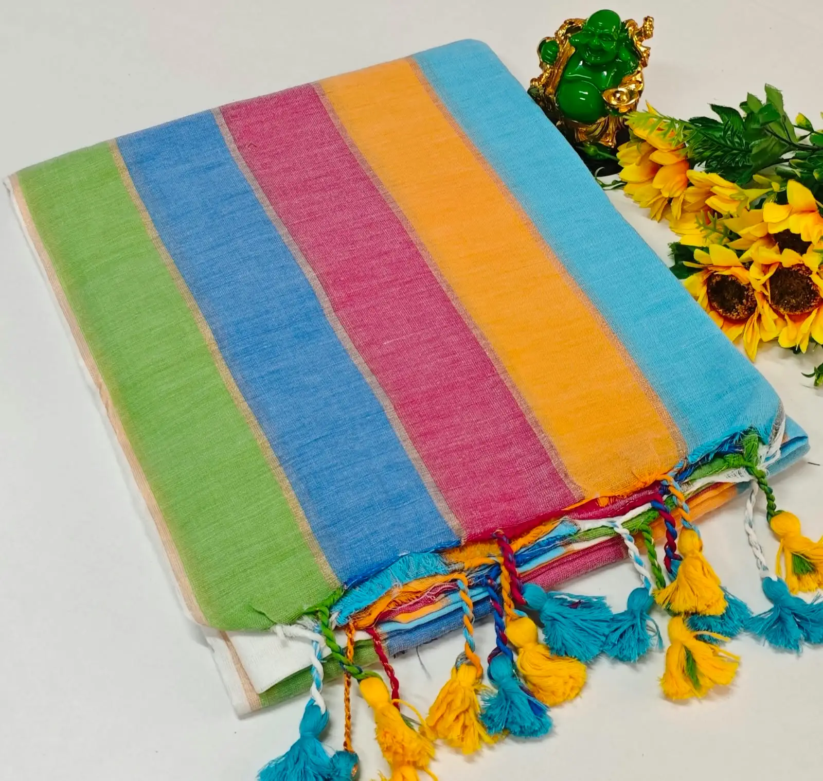 Rainbow Stripe Slub Khadi Cotton Saree